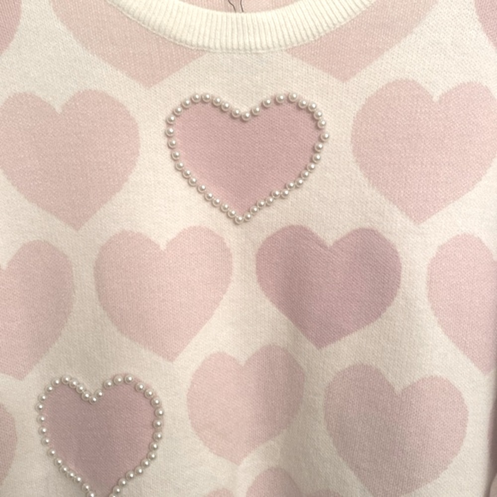 JOH Pink Women's White Pearl Heart Shaped Round Neck Sweater Soft L/S Small NEW - Picture 5 of 12